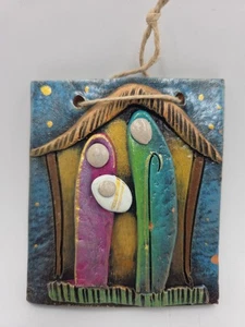 Hand Crafted Nativity Scene Ornament On Red Clay Christmas Jesus EUC - Picture 1 of 2