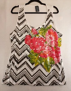 Faded Glory Tank Top Women Multicolor 2X (18W-20W) Sequin Herringbone Floral - Picture 1 of 7
