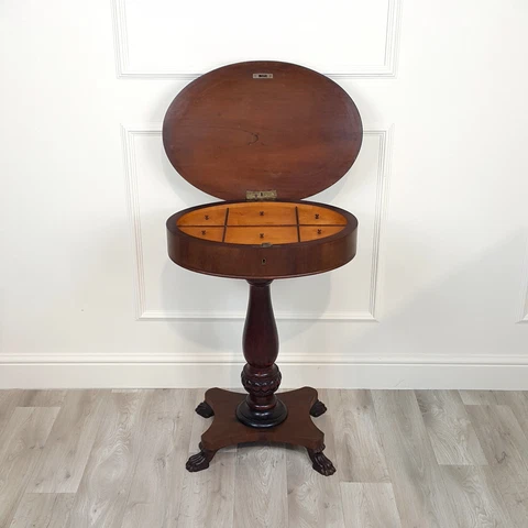 19th C. Continental Mahogany Sewing Table On Quatrefoil Lion's Paw Base - F220 Cover