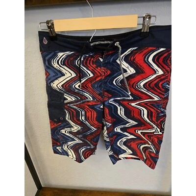 Volcom Board Shorts Cinch Fly Red White Blue Wave Print Swim Trunks Size 29 - Image 1 of 4