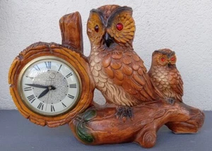 1960s LANSHIRE 20" Chalkware 2-Owl Electric Clock HEAVY LOOKS/WORKS EXC Made USA - Picture 1 of 9