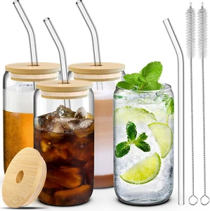 4 Set Glass Cups with Lids and Straws 16 Oz, Glasses Drinking Set, Iced Coffee C - Picture 1 of 12