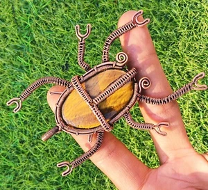 Handmade Crab Pendant with Tiger Eye Gemstone, Copper Wire Wrapped Jewelry Gift - Picture 1 of 4