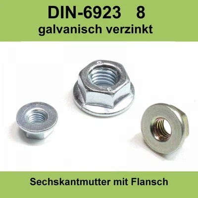 M8 DIN 6923 8. gal verzinkte Sechskantmuttern mit Flansch Bund Muttern ISO 4161 - Bild 1 von 3
