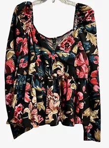 Emery Rose Top Size 3X Black Moody Floral Whimsy Goth Peplum Milk Maid 44" X 28" - Picture 1 of 6