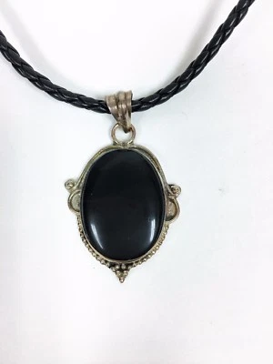 NEW ANTIQUE SILVER TONE+BLACK ONYX CHARM, PENDANT+ BRAIDED LEATHER CORD NECKLACE - Изображение 1 из 4