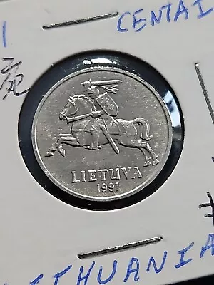 Lithuania 2 Centai coin, 1991. KM# 86, aluminum. Horse and rider. Uncirculated. - Image 1 of 2