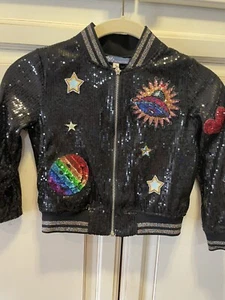 TM Truly Me Girl Bomber Jacket Sz 6 Black Sparkly Sequins Smiley Face Star Zip - Picture 1 of 11