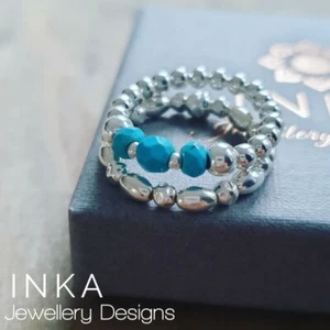 INKA Sterling Silver stacking Stretch Ring Thumb rings set of 2 with Turquoise - Picture 1 of 7