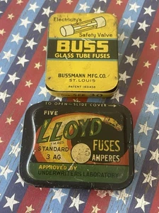 Antikes Konvolut Glasröhrensicherungen ~ LLoyd & Buss ~ 25/30 Amp Werbedosen - Bild 1 von 2