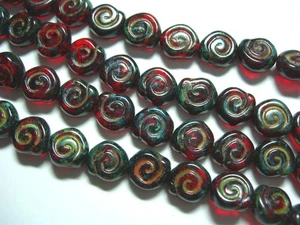 24 -8mm  Red Travertine Snail Shell Swirl Spiral Coin Czech Glass Beads - Picture 1 of 1