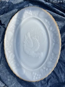VINTAGE WHITE MILK GLASS TURKEY PLATTER 15-1/2" #2390, ANCHOR HOCKING USA - Picture 1 of 5