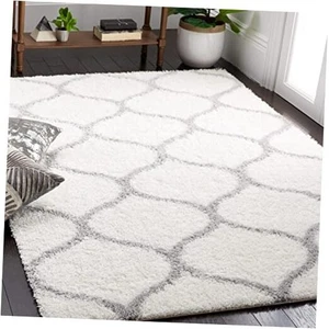  Tahoe Shag Collection Area Rug - 5' x 7', White & Grey, Trellis Design, Non  - Picture 1 of 8