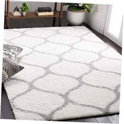  Tahoe Shag Collection Area Rug - 5' x 7', White & Grey, Trellis Design, Non  - Image 1 of 4