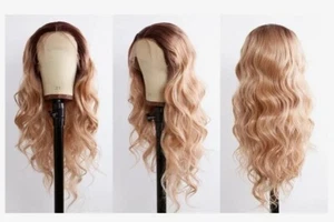 Transparent Front Lace Wig Honey Blonde Ombre Long Layered Human Hair Blended  - Picture 1 of 8