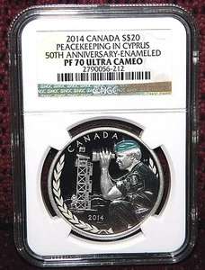 2014 CANADA $20 PEACEKEEPING IN CYPRUS ENAMELED SILVER - NGC PF 70 ULTRA CAMEO - Picture 1 of 12