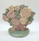 Vtg Cast Iron Doorstop Roses Flower Basket Pink & Green Country Cottage Core
