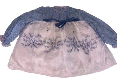 Vintage Haddad Bros Infant Girls Dress Sz 24 Blue Gingham Embroidery - Image 1 of 4