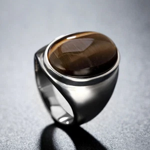 Retro Oval Coffee Opal Stone Wedding Ring Stainless Steel Men Women Jewelry Ring - Picture 1 of 4