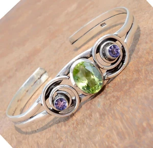Peridot Cut & Amethyst Cut Gemstone Cuff 925 Sterling Silver Artisan Bangle - Picture 1 of 7