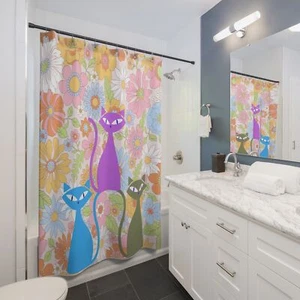 MCM decor flower power curtain Atomic Cat family shower curtain - Picture 1 of 3