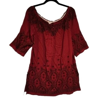 Top túnica Sundance bordado lado dividido rojo profundo media manga ligero boho Foto 1 de 4