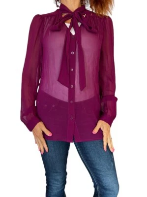 DKNY DONNA KARAN NEW YORK FUSCHIA GRAY SHEER PUSSYBOW NECK TIE SILK CHIFFON M - Image 1 of 4