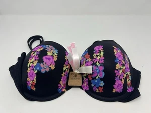 Victoria Secret Pink Push Up Bra Black Floral Size 36B Padded Underwire New - Picture 1 of 6