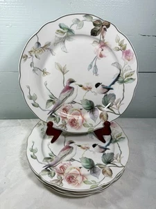 Grace Teaware Spring Floral Bird Garden Scalloped Gold Rim Dinner Plates - Picture 1 of 7
