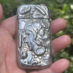 Antique Art Nouveau Silver Plated Match Safe Vesta Case Lady Hair Lotus Flowers - Picture 1 of 10
