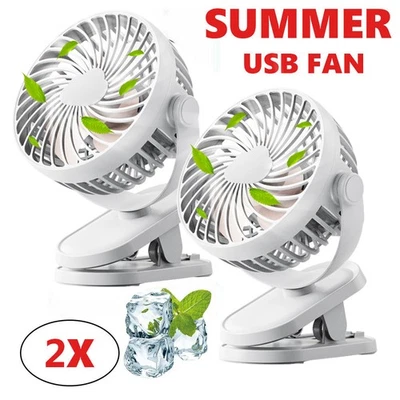 2X 3Speeds Mini Cooling Fan USB Rechargeable Clip On Desk Baby Stroller Portable - Image 1 of 4