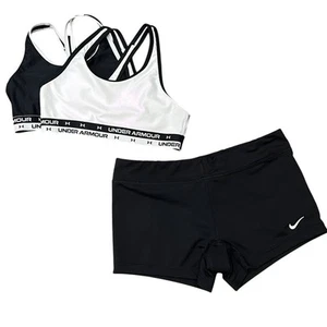 Under Armour Girls' Sports Bra Black White Size L, Nike Women's Shorts Size M - Picture 1 of 16