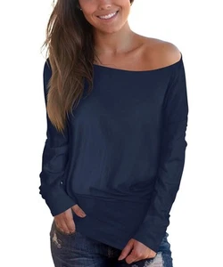 Cosonsen Women Off Shoulder Top Long Sleeve Boat Neck Blouse Navyblue XL - Picture 1 of 5