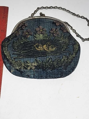 Black Vintage Purse Double-Ball Snap with Blue Leaves with Mirror - Image 1 of 2