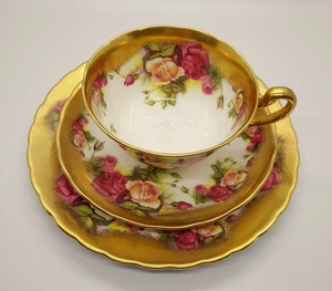 3 English Royal Chelsea Bone China Teacup Saucer & Plate Golden Rose Heavy Gold - Picture 1 of 12