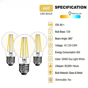 A19 Dimmable LED Bulb E26 8W 5000K Daylight White A60 Vintage Edison Bulbs - Picture 1 of 9