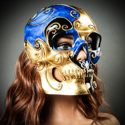 Men Day of the Dead Full Face Skull Gold Blue Venetian Halloween Masquerade Mask - Image 1 of 4