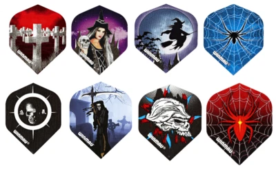 1 Satz,3st. Winmau MEGA Flights Std. Senseman,Spinne,Hexe,Keuz,Totenkopf