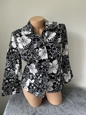 Black & White Floral jacket blazer womens 8 M Stretch Lined 3038 Coastal Grandma - Image 1 of 4