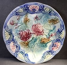 Wasmuel Majolica Plate Antique 1890 Art Nouveau Red Rose Blue Lattice Belgium