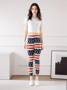 Women's USA Flag Print Leggings - One Size - Picture 1 of 10