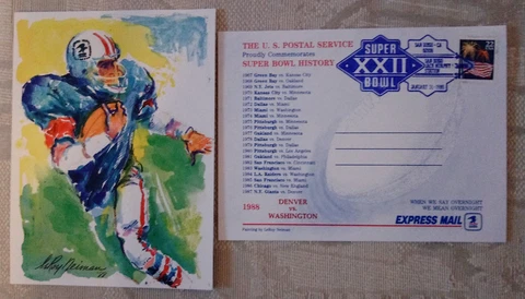 Super Bowl XXII Leroy Neiman Painting Postcard USPS Cancel Redskins Broncos Cover