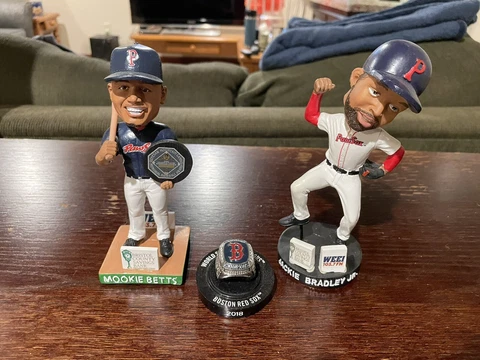 Mookie Betts Jackie Bradley Pawsox Bobbleheads + 2018 Red Sox World Series Ring Cover