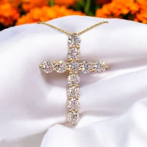 7.73 Ct E VS Round Lab Grown Large Diamond Cross Pendant Necklace 14k Gold - Picture 1 of 8