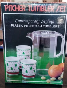 Vintage Woolworth Plastic Pitcher And 4 Christmas Tumblers Set In Original Box - Picture 1 of 4