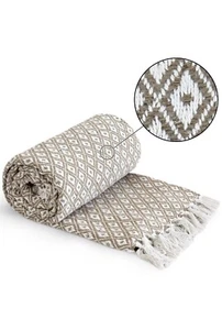 Throw Blanket Diamond Geometric Soft Cotton Casablanca Taupe 90” X 100” - Picture 1 of 7
