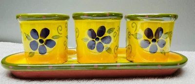 VGUC S/3 PartyLite 陶瓷选票和托盘,花卉设计,黄色紫色,2 1/2"T — 第 1/4 张图片