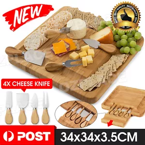 New Bamboo Cheese Board 5 Pieces Stanley Wooden Rogers Knives Set Gift - Picture 1 of 11
