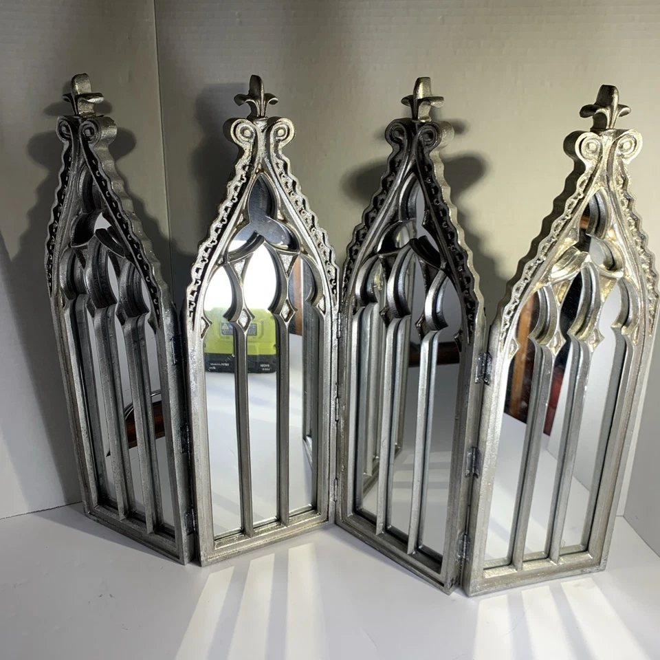 Silver Gothic Cathedral Style Folding Display Mirror Christmas 4 Sections 17” Ht - Image 1 of 4