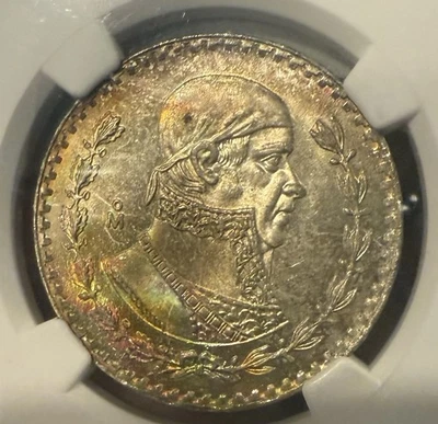 1966 Mexico Un Peso NGC MS67 Rainbow Toning - Image 1 of 3
